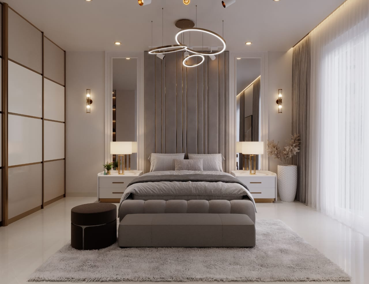 Master bedroom design in grey and gold